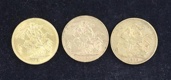 Three Victoria gold sovereigns,